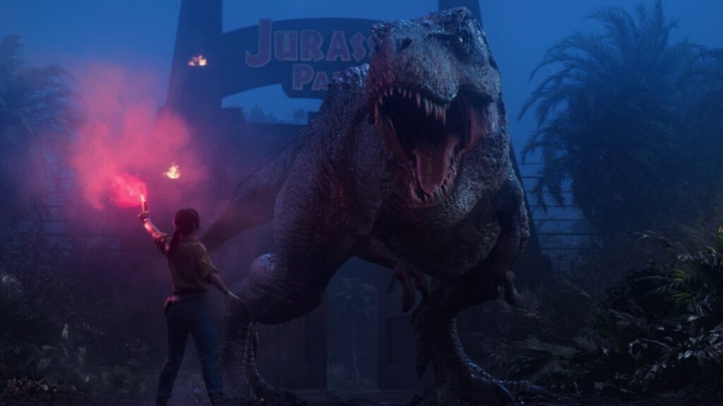Protagonista se esconde enquanto T‑Rex cruza estrada sob chuva pesada.